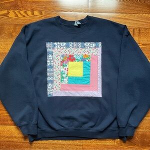 Gildan Navy Crewneck Sweatshirt with Colorful Patchwork Square